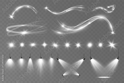 Light white wave and spotlight shine effect,vector glow line sparkle shine. Silver wavy effects.	

