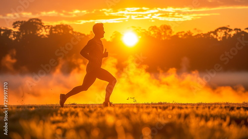 Silhouette of a runner in motion against a dramatic orange sunrise and misty fields