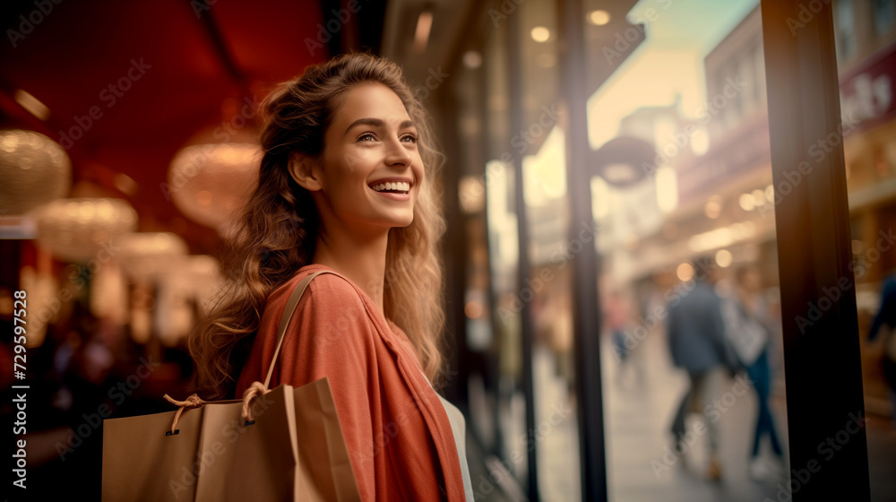 Happy Woman in the City Looking Through Shop Windows Happy Woman in the City Looking Through Shop Windows