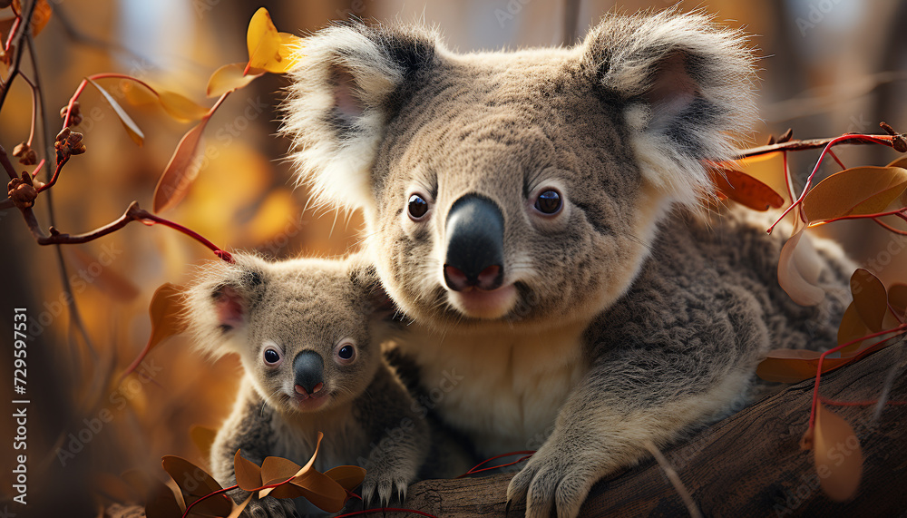 Cute koala sitting on tree, looking at camera, outdoors generated by AI