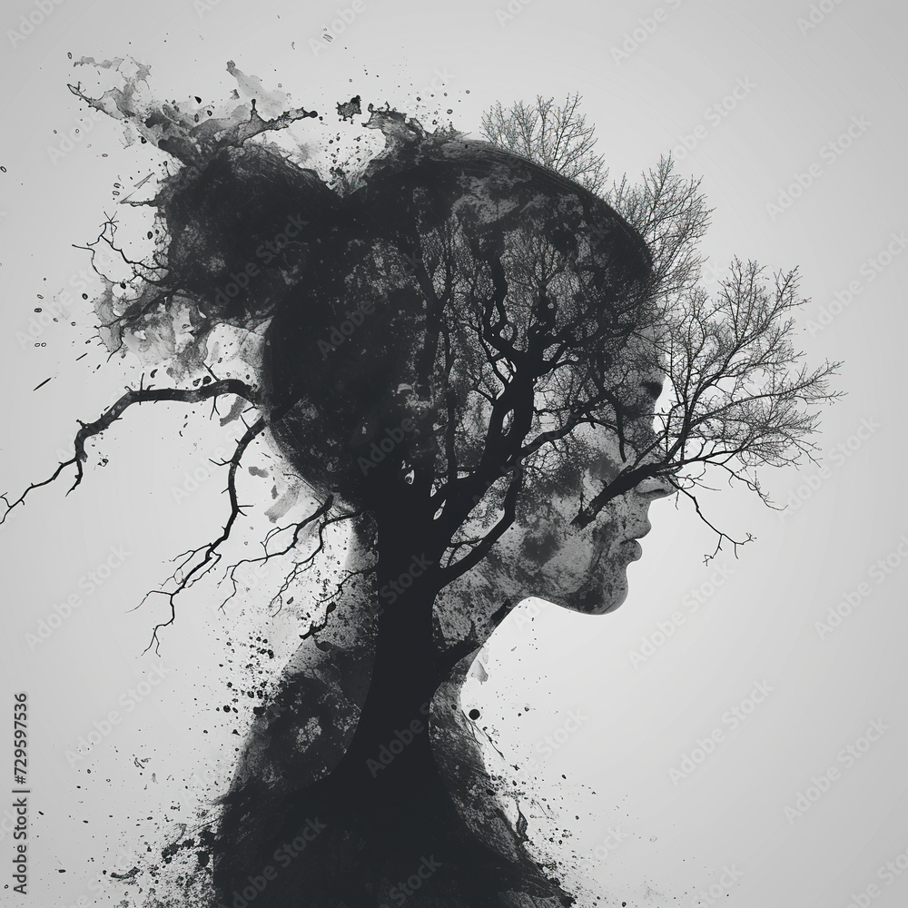 mothers day sad lady silhouette in black,  Pregnancy depression medical concept and psychology symbol for a pregnant mother or depressed woman , tree branches art  - obrazy, fototapety, plakaty 