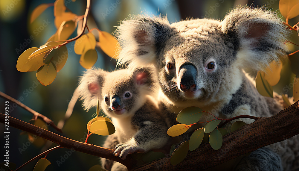 Cute koala sitting on branch, looking at camera in forest generated by AI Cute koala sitting on branch, looking at camera in forest generated by AI