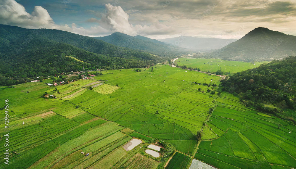 Obraz premium A picturesque landscape featuring vibrant green rice fields and a backdrop of towering mountains.