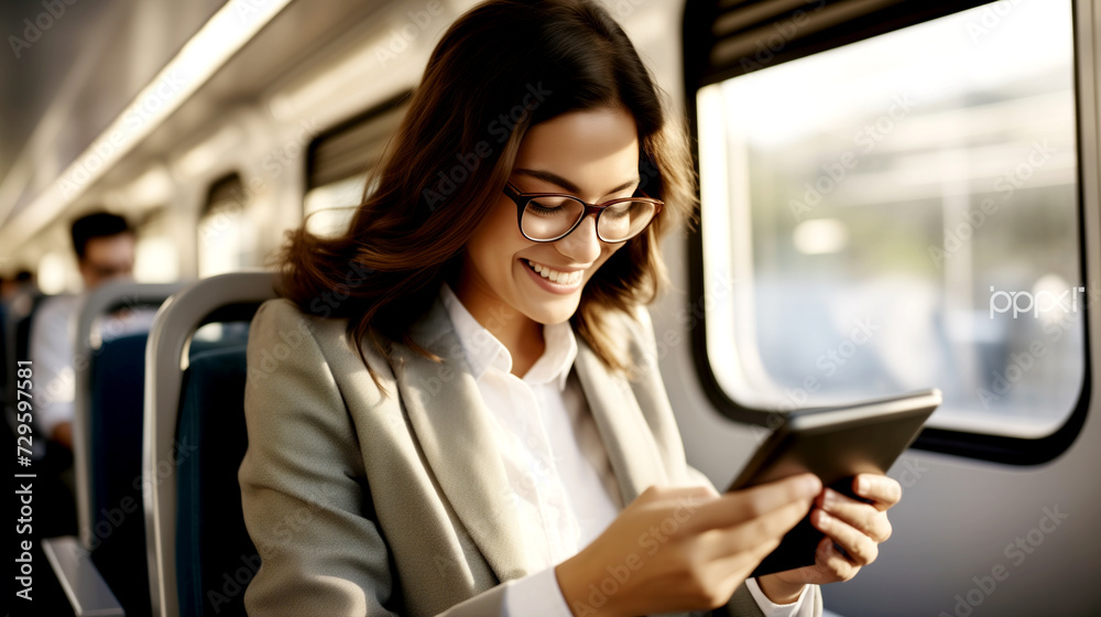 Happy woman working with a laptop in transport. Happy woman working with a laptop in transport.