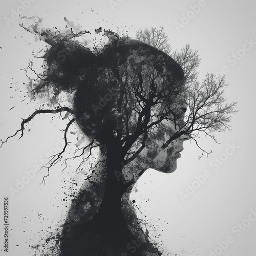 mothers day sad lady silhouette in black,  Pregnancy depression medical concept and psychology symbol for a pregnant mother or depressed woman , tree branches art  photo