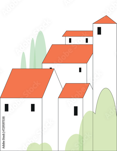 Suburban town street against the background of the big city. Vector cartoon illustration of cozy houses in the countryside