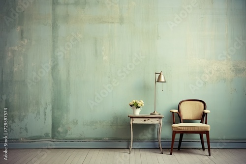 Scandinavian interior design in vintage retro shabby chic style with antique shabby wall