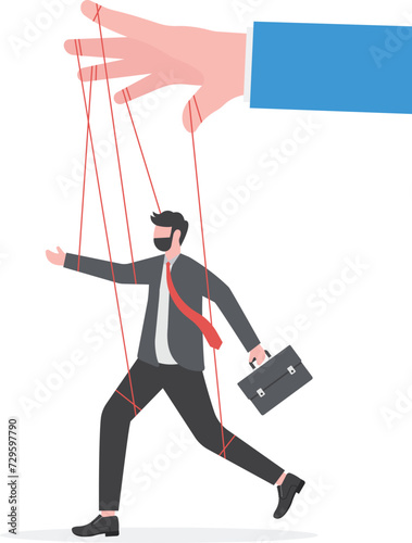 Gaslighting, domination or manipulation by control puppet doll, marionette or exploitation, authority or boss micro management, dictator or slave concept, hand control string on businessman puppet dol
