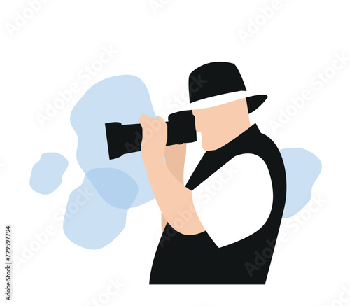 Man taking photo with camera in flat design on white background.