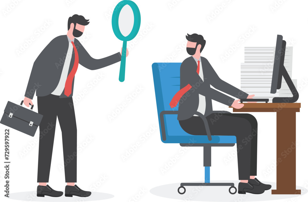 Micromanaging boss, toxic manager monitoring every details, excessive supervision and control of employee work and processes, micromanager boss using magnifying glass keep looking at employee working. Micromanaging boss, toxic manager monitoring every details, excessive supervision and control of employee work and processes, micromanager boss using magnifying glass keep looking at employee working.