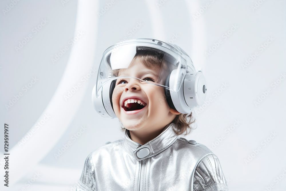 Child in a space helmet. Boy playing to be an astronaut with space helmet and metal suit. Cosmonaut concept. Little boy in space suit wearing helmet.