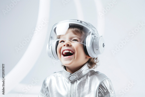 Obraz na płótnie Child in a space helmet. Boy playing to be an astronaut with space helmet and metal suit. Cosmonaut concept. Little boy in space suit wearing helmet. w salonie