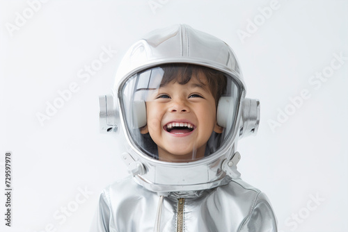 Obraz na płótnie Child in a space helmet. Boy playing to be an astronaut with space helmet and metal suit. Cosmonaut concept. Little boy in space suit wearing helmet. w salonie
