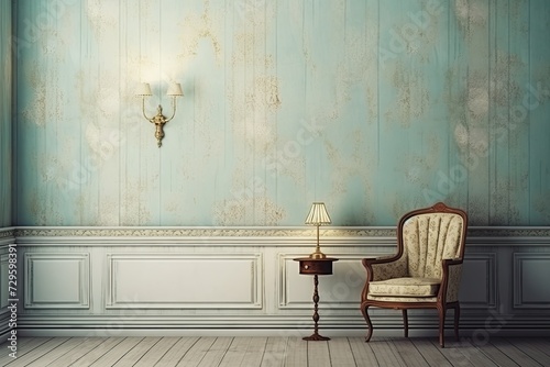 Scandinavian interior design in vintage retro shabby chic style with antique shabby wall