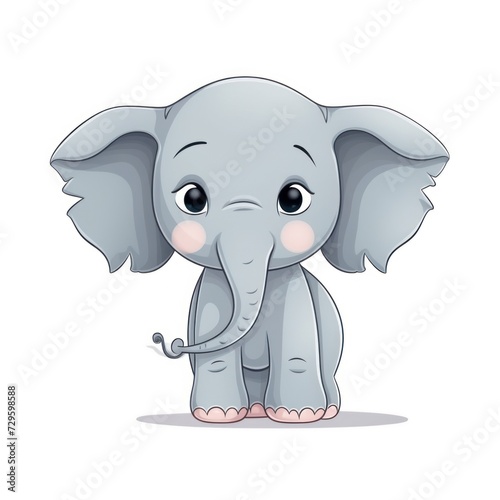 A cartoon baby elephant with pink cheeks and black eyes. It has a long trunk and big ears. It is standing on a white surface.