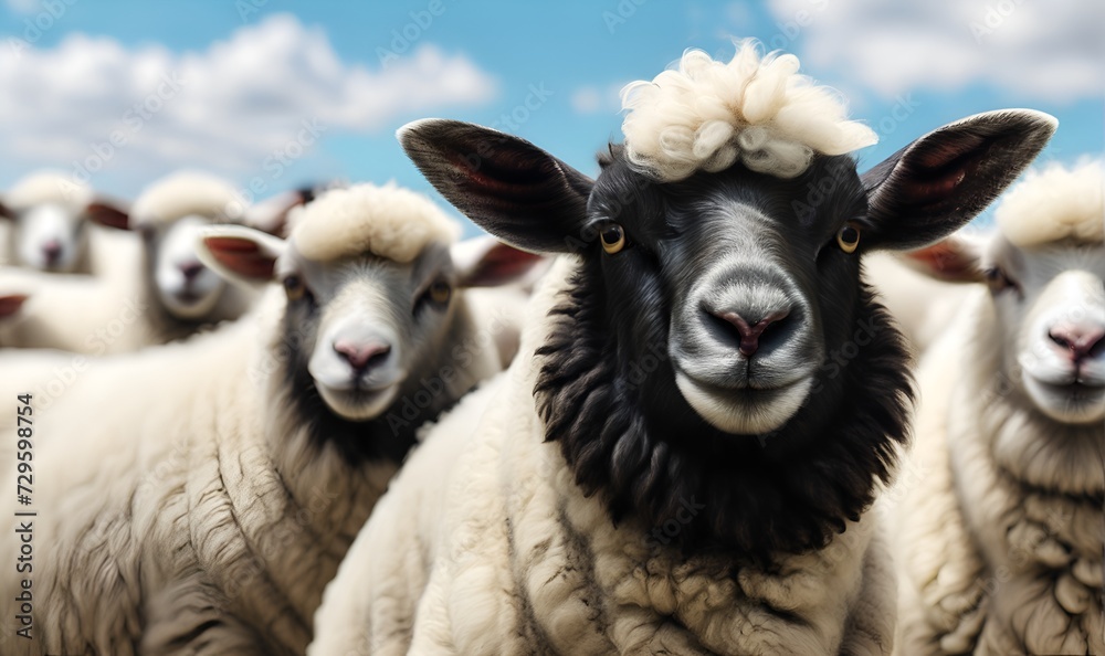 Obraz premium a flock of sheep, some of them with dark spots