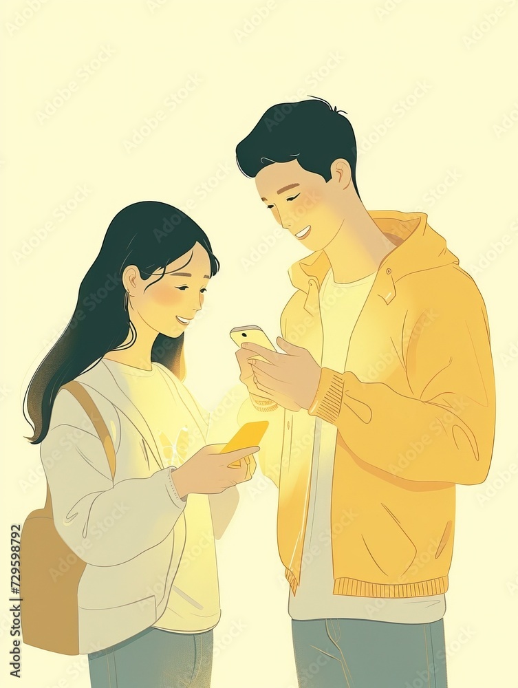 Two people smiling at a smartphone together Two people smiling at a smartphone together