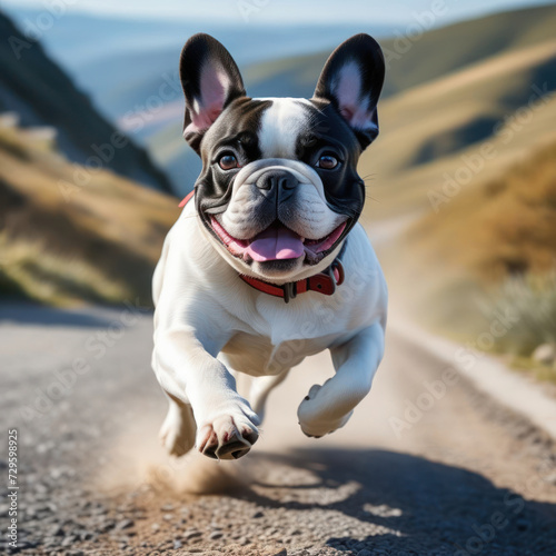Flying French Bulldog in the mountains with a beaming face. Purebred dog while running. Close up portrait of a dog. Generative AI