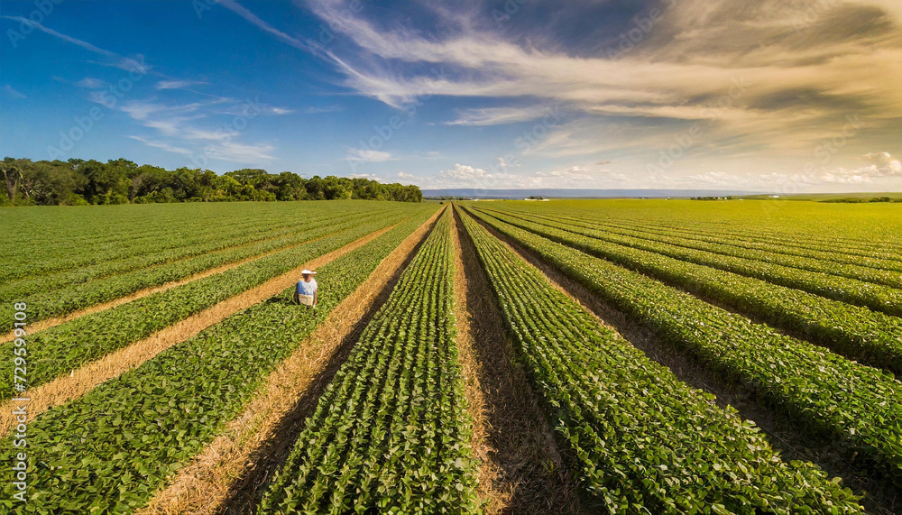 An aerial view captures a farmer walking through a thriving soybean field, with rows of irrigated grain fields stretching into the distance.
