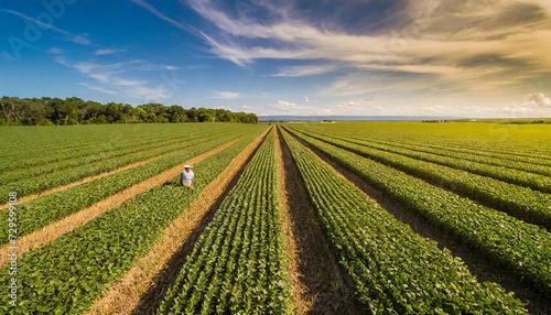 An aerial view captures a farmer walking through a thriving soybean field  with rows of irrigated grain fields stretching into the distance.