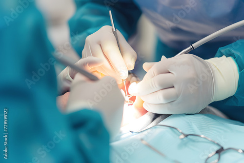Dental surgeons conduct operation in patient oral cavity in clinic. Orthodontist with assistant provides stomatology treatment in hospital
