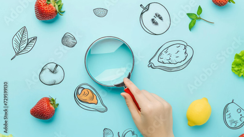 Hand holding magnifying glass on a blue background. Sketches of vegetables and fruits. Healthy eating and diet background.