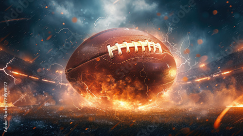 An epic scene of an American football engulfed in flames and electricity on the field, symbolizing high energy and power of the game.