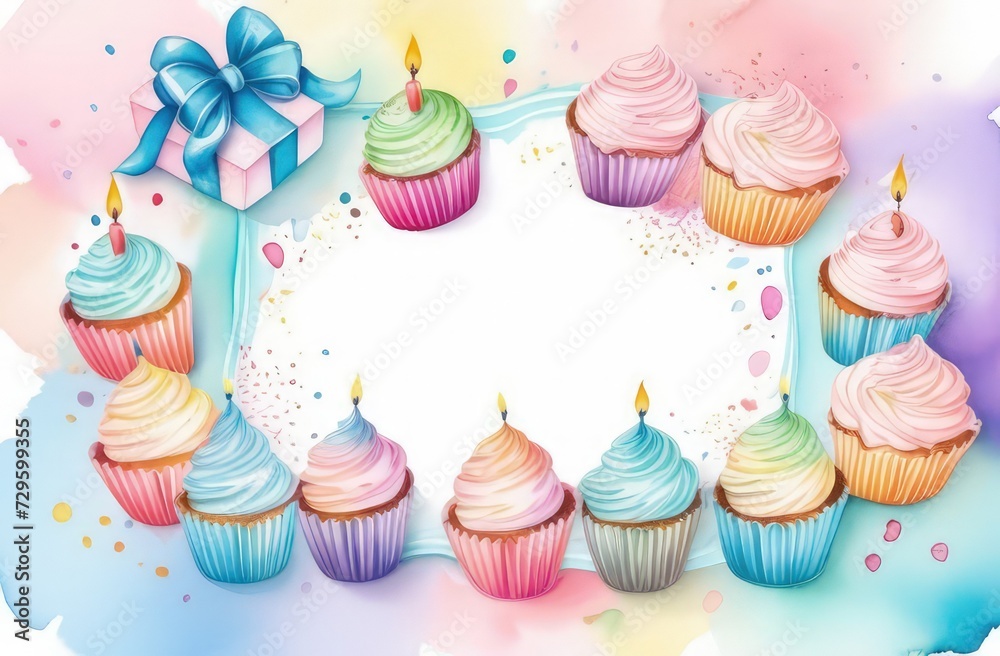 greeting card painted with colors with cupcakes, candles, bows, birthday, gifts, congratulations, cute greeting card painted with colors with cupcakes, candles, bows, birthday, gifts, congratulations, cute