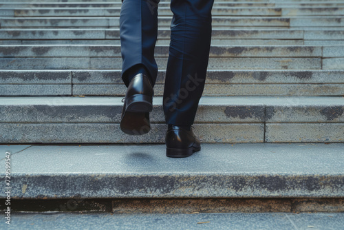 Close up of a businessman's shoes as they walk up a staircase. Career development and strategy