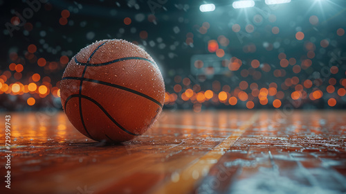 A textured basketball sits on a reflective wet court, illuminated by the golden bokeh of stadium lights.