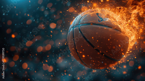 A basketball mid-spin, encapsulated by a fiery glow, suggesting intense action and energy, against a dark bokeh background. © Tida