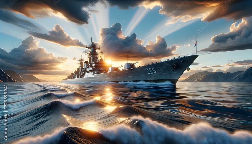 The image displays a naval warship cutting through ocean waters, with a ...
