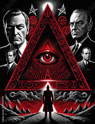 Sinister Film Noir - Illuminati Symbols and Cryptic Meanings in Dramatic Crimson Red Gen AI photo