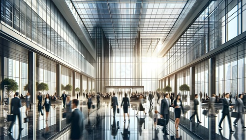 The image depicts a spacious, sunlit modern lobby or atrium with a high glass ceiling, where many people are walking across the reflective floor, suggesting a busy corporate or commercial building.

 photo