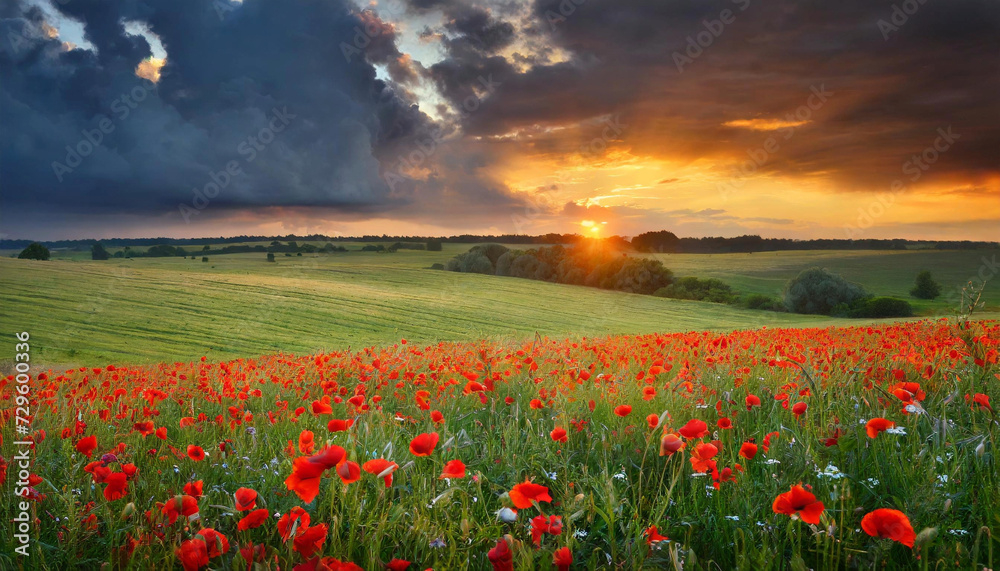 A picturesque poppy field at sunset, showcasing the connection between nature's beauty and the concept of farming and harvest.