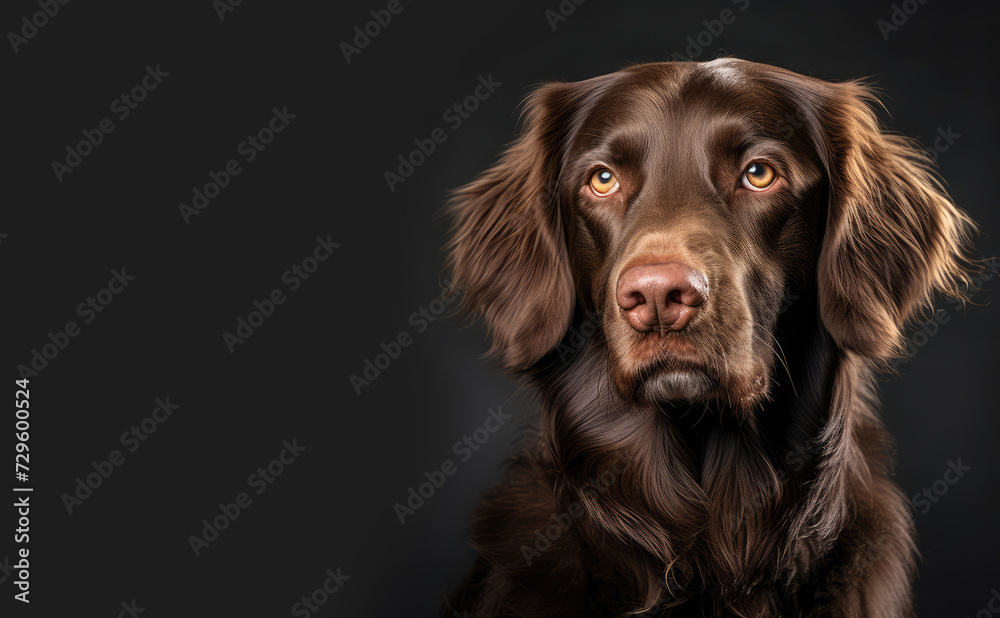 Portrait of a brown labrador retriever on a dark gray background. Copy space for text, message, logo, advertising. Portrait of a brown labrador retriever on a dark gray background. Copy space for text, message, logo, advertising.