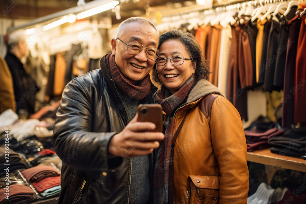 elderly asian couple both taking a selfie in the middle of a local clothing store