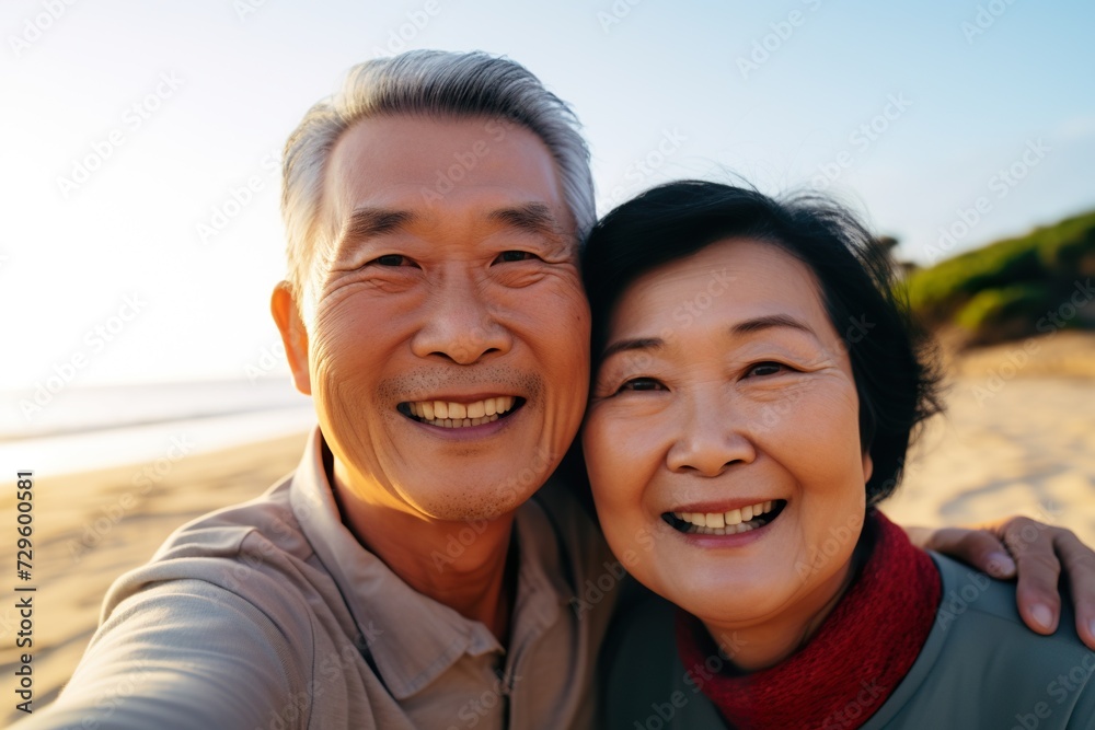 Asian elderly couple on vacation at the beach, happy taking a selfie. Asian elderly couple on vacation at the beach, happy taking a selfie.