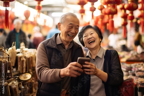 elderly asian couple looking at the phone in the middle of a store. Both happy and smiling