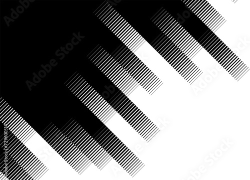 Diagonal transition from black to white from abstract striped columns. Thin broken lines. Black and white striped pattern. Modern vector background.