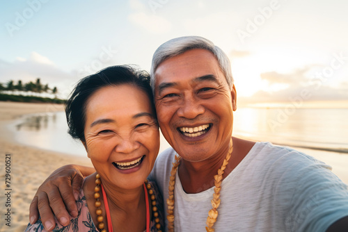 elderly asian couple both wearing necklaces, happy and smiling, in the background a beautiful beach.