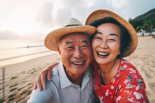 elderly asian couple both wearing straw hats, happy and smiling, in the background a beautiful beach.