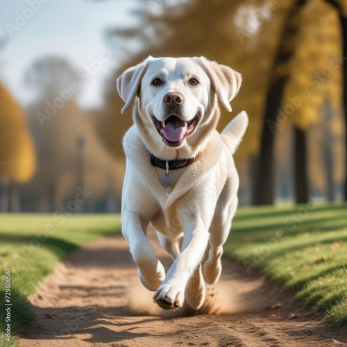 Happy Purebred white color Labrador Retriever Moving Toward The Camera Wrinkled Face Close Up. Flying dog. Generative AI