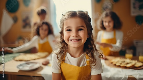 Little Chefs Team Cooking: Portrait of Girl in Yellow Apron
