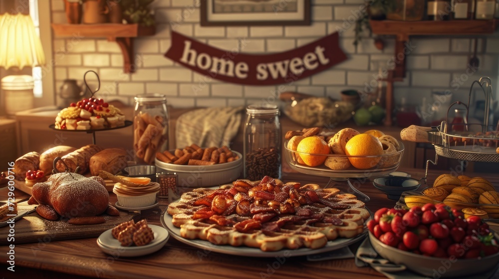 Warm and inviting home kitchen filled with an array of pastries, bread, and fresh fruit, showcasing a comforting and abundant breakfast setup.