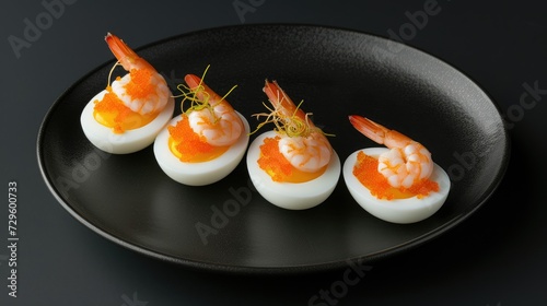 Gourmet deviled eggs topped with plump shrimp and vibrant caviar, delicately arranged on a sophisticated black serving plate.