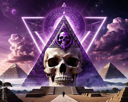 Surreal Illuminati Symbolism - Hyperrealistic photomanipulation with cryptic symbols, skull, and towering pyramid Gen AI photo