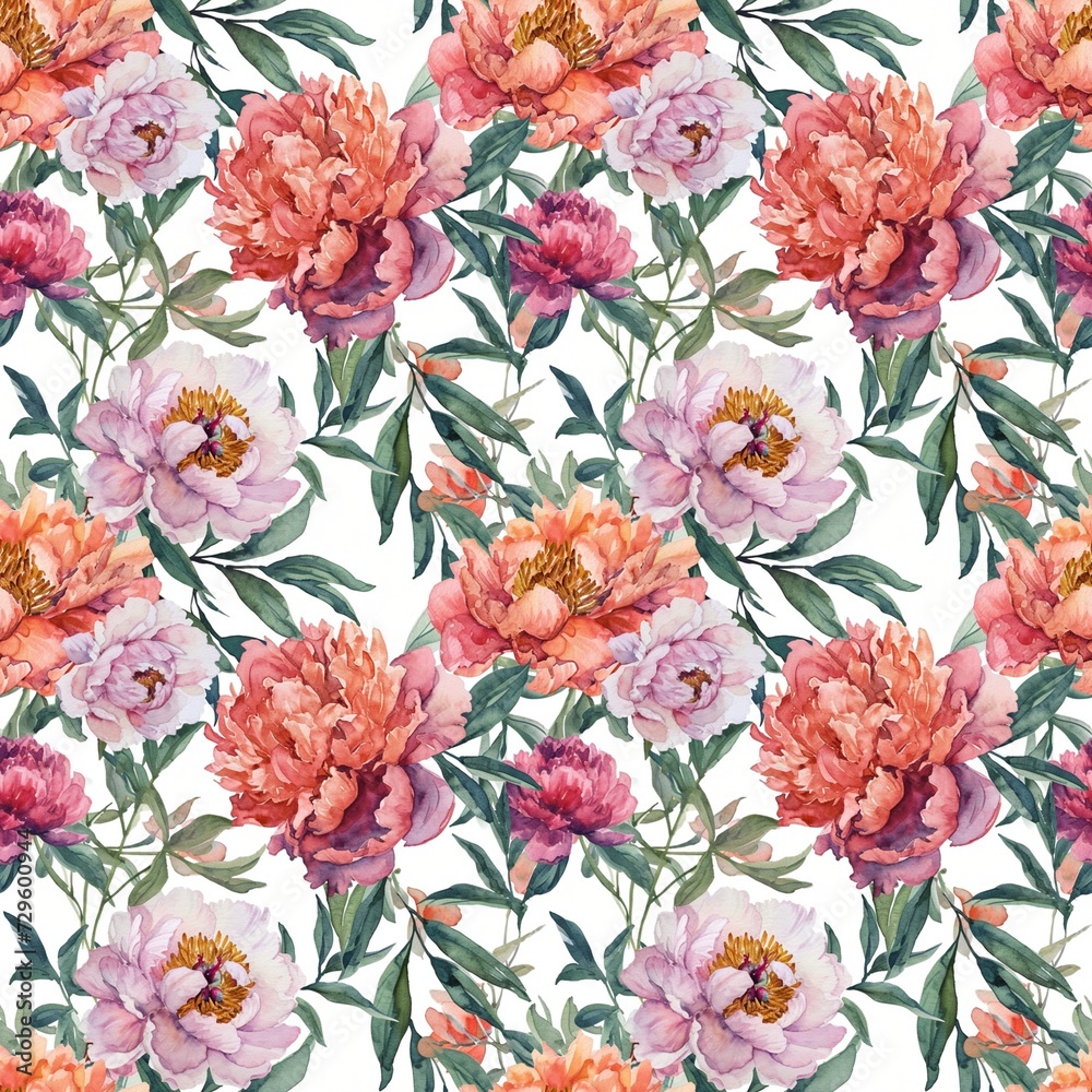 Seamless watercolor pattern with pink peonies on a white background. An illustration with colorful flowers and leaves.