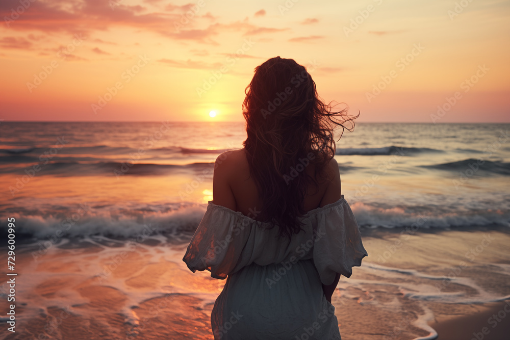 
Back view of woman on beach at summer sunset