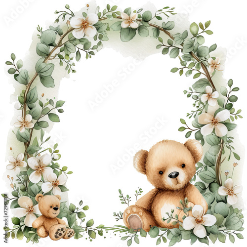 Gender neutral baby teddy bear and accessories over beige background. baby shower or birth announcement cards, with neutral theme floral green petal frame , leaf arch, decor for birthdays 